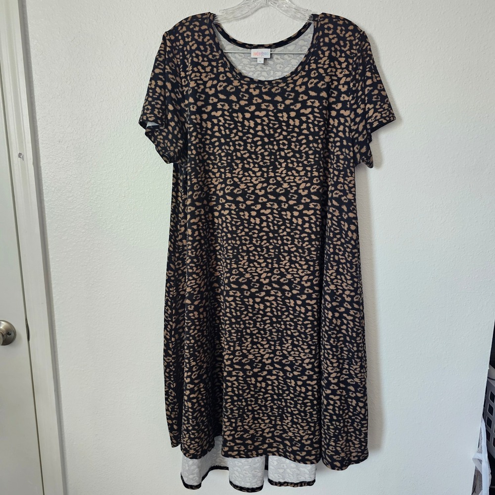 LuLaRoe Carly Dress Large Leopard Print Short Sleeve High Low Swing Dress Brown